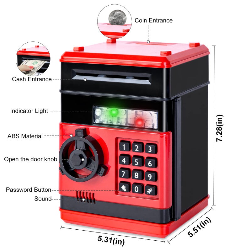 Refasy Kid Bank Safe ATM Piggy Bank for Kids Age 3-12, Cash Piggy Banks ATM Money Bank Kids Safe Coin Banks Money Safe, Birthday Xmas Gifts Toys for 3 4 5 6 7 8 9 10 12 Year Old Boys Girls (Red) - Image 3