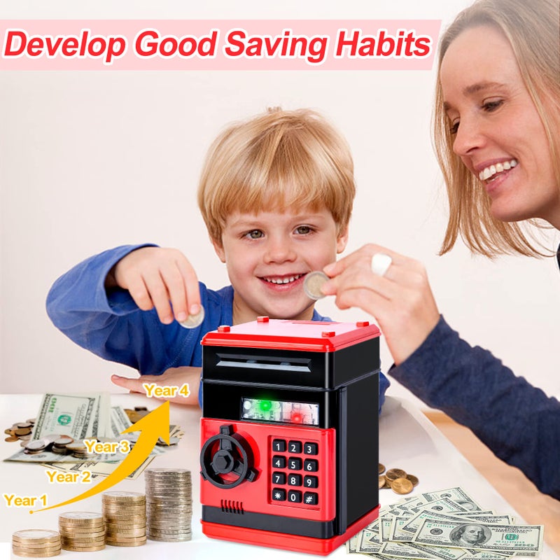 Refasy Kid Bank Safe ATM Piggy Bank for Kids Age 3-12, Cash Piggy Banks ATM Money Bank Kids Safe Coin Banks Money Safe, Birthday Xmas Gifts Toys for 3 4 5 6 7 8 9 10 12 Year Old Boys Girls (Red) - Image 2
