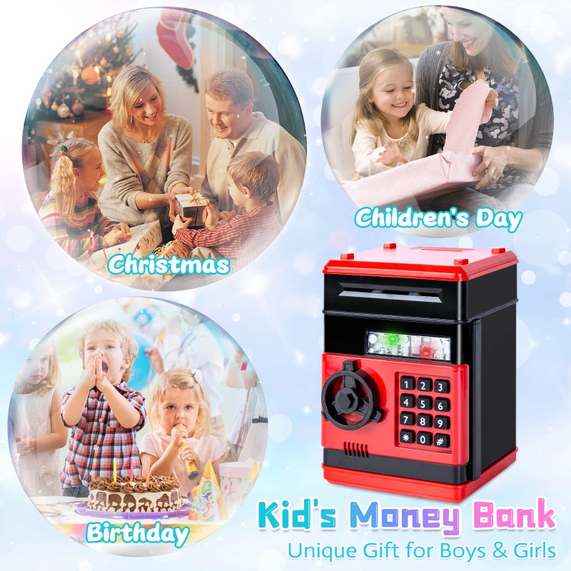 Refasy Kid Bank Safe ATM Piggy Bank for Kids Age 3-12, Cash Piggy Banks ATM Money Bank Kids Safe Coin Banks Money Safe, Birthday Xmas Gifts Toys for 3 4 5 6 7 8 9 10 12 Year Old Boys Girls (Red) - Image 5