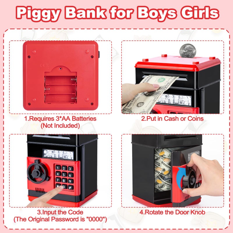 Refasy Kid Bank Safe ATM Piggy Bank for Kids Age 3-12, Cash Piggy Banks ATM Money Bank Kids Safe Coin Banks Money Safe, Birthday Xmas Gifts Toys for 3 4 5 6 7 8 9 10 12 Year Old Boys Girls (Red) - Image 4