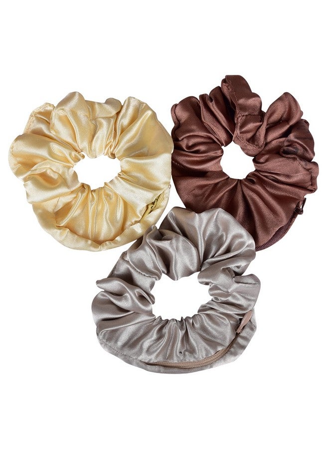 Nnr Satin Silk Scrunchies With Secret Zip Pocket Rubber Band For Girls And Women, Pack Of 3 Pcs - Multicolor 6 - Image 1