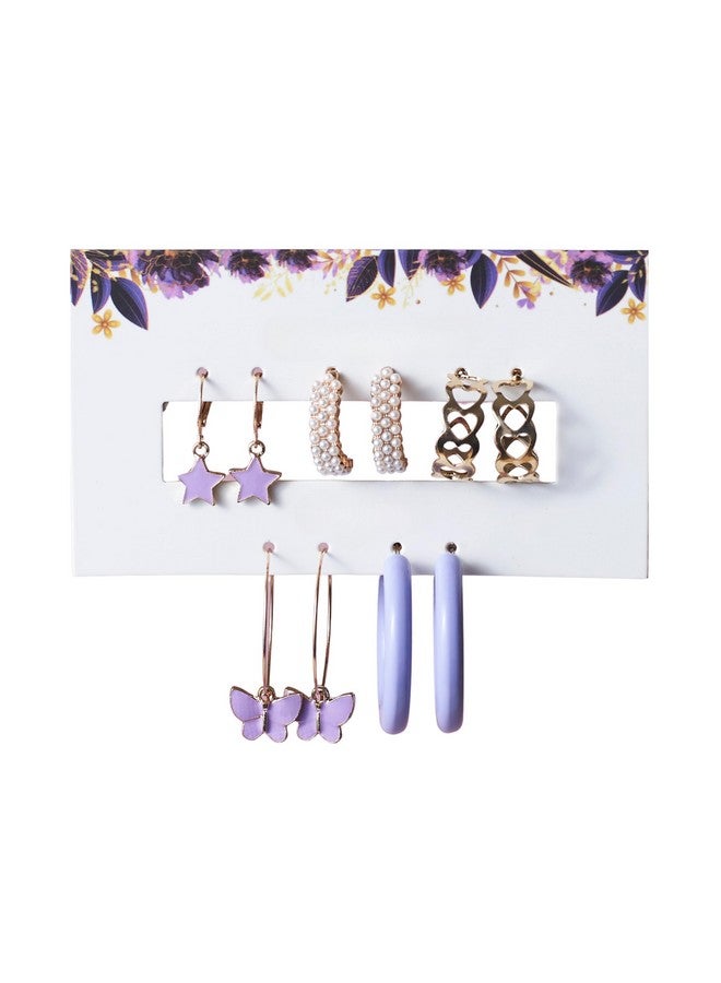 SALTY Anti Tarnish Set of 5 Lilac Golden Hoops Earrings Set for Women | Stylish Fashion Jewellery | Accessories for Girls | Minimal Jewelry | Ideal for Gifting - Image 1