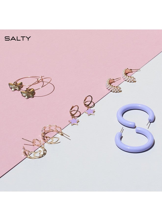 SALTY Anti Tarnish Set of 5 Lilac Golden Hoops Earrings Set for Women | Stylish Fashion Jewellery | Accessories for Girls | Minimal Jewelry | Ideal for Gifting - Image 4