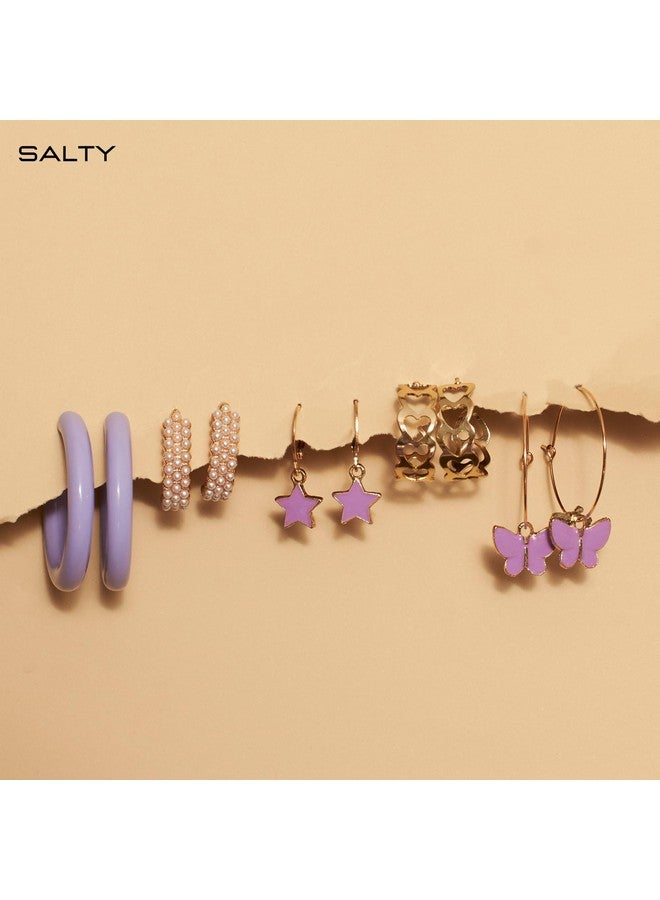 SALTY Anti Tarnish Set of 5 Lilac Golden Hoops Earrings Set for Women | Stylish Fashion Jewellery | Accessories for Girls | Minimal Jewelry | Ideal for Gifting - Image 5
