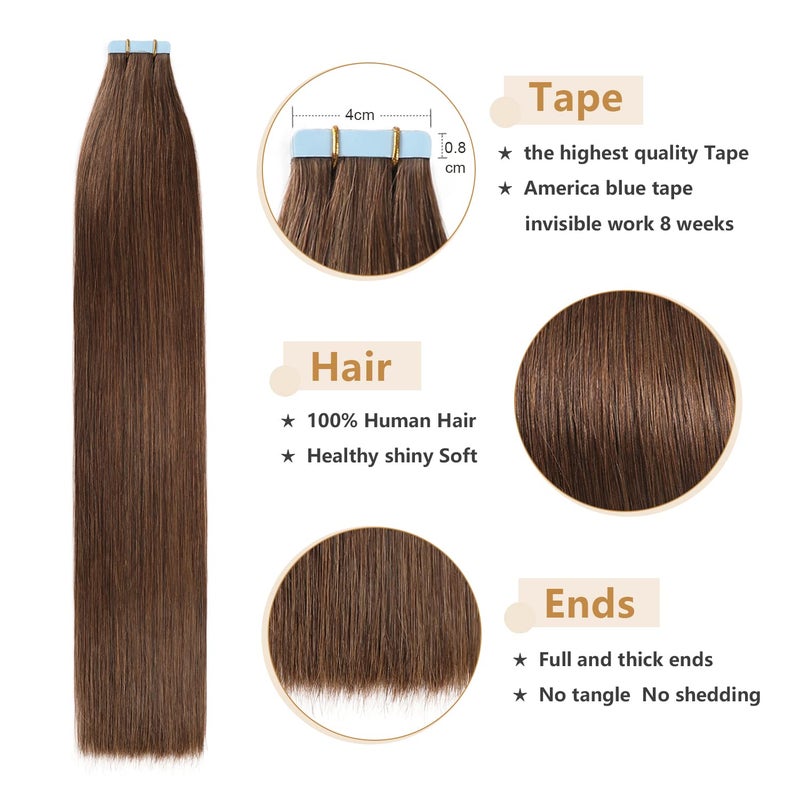 YILITE Tape in Human Hair Extensions Silky Straight human Hair Extensions Medium Brown (#4), 50g/pack, 20 Inch (Pack of 20) - Image 3