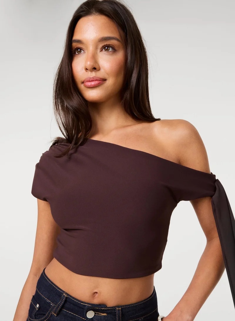 بينك فانيلا Soft Cotton Asymmetric Tie Sleeve Top