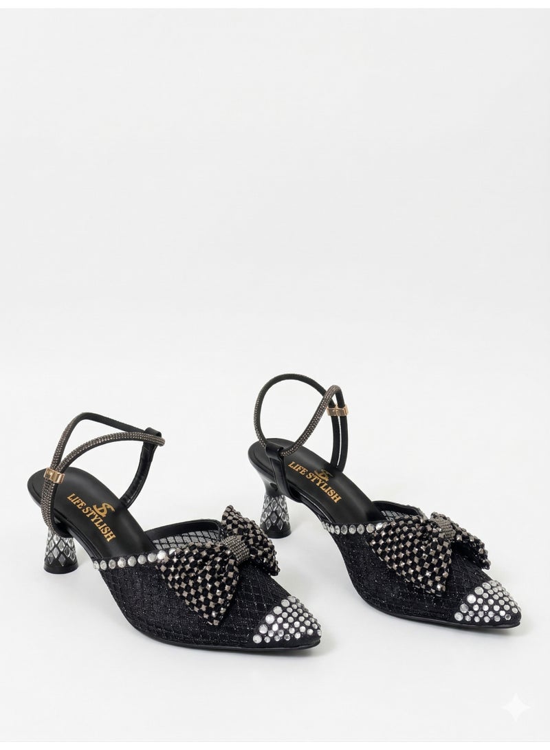 لايف ستيلاش  أحذية بكعب شبك مع فيونكة وتطريز F-616 - أسود - Image 1