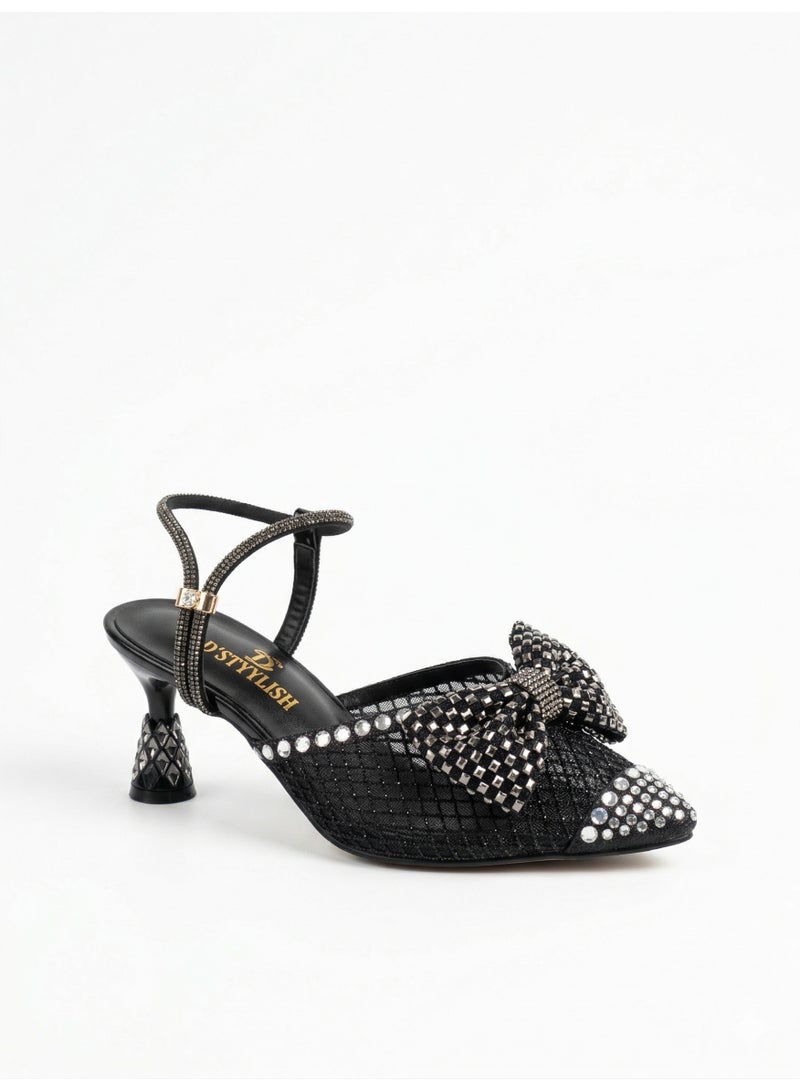 لايف ستيلاش  أحذية بكعب شبك مع فيونكة وتطريز F-616 - أسود - Image 2