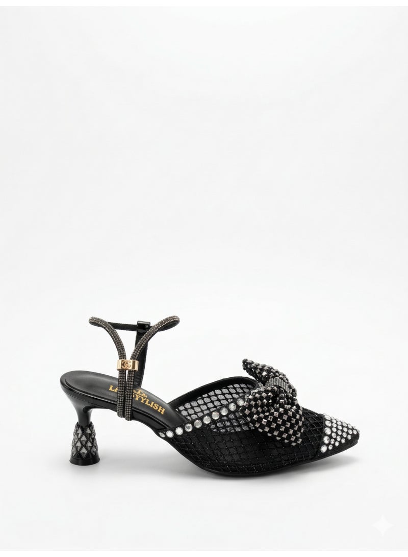 لايف ستيلاش  أحذية بكعب شبك مع فيونكة وتطريز F-616 - أسود - Image 3