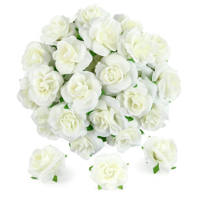 50PCS CREAMY WHITE ARTIFICIAL FLOWER ROSE HEADS CREAMY WHITE REAL TOUCH FAKE FLOWER ROSE HEADS FOR CAKE TOPPERS WEDDING PARTY ALBUM DECORATION 4CM IN DIAMETER