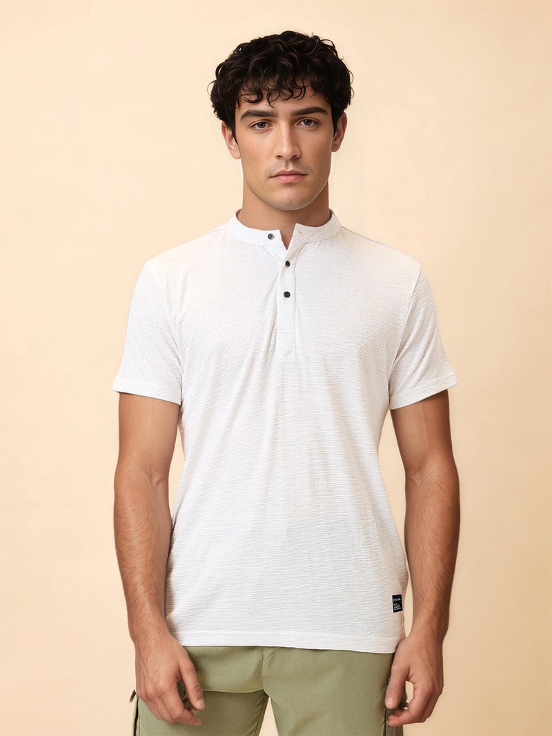 STATUS QUO Solid Henley Neck Regular Fit White T-shirt - Image 1