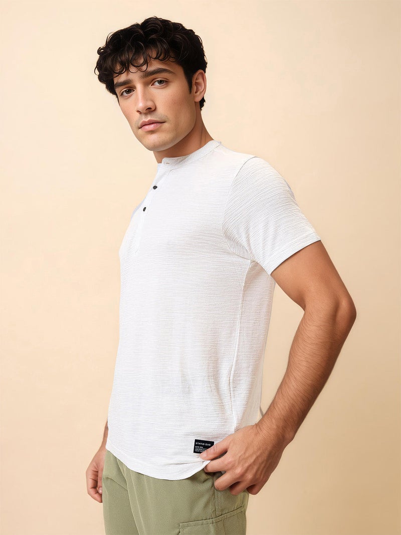 STATUS QUO Solid Henley Neck Regular Fit White T-shirt - Image 2