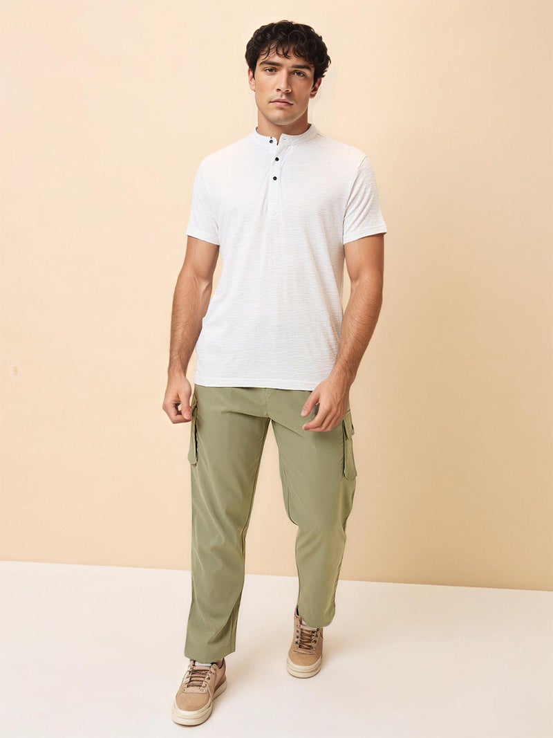 STATUS QUO Solid Henley Neck Regular Fit White T-shirt - Image 4