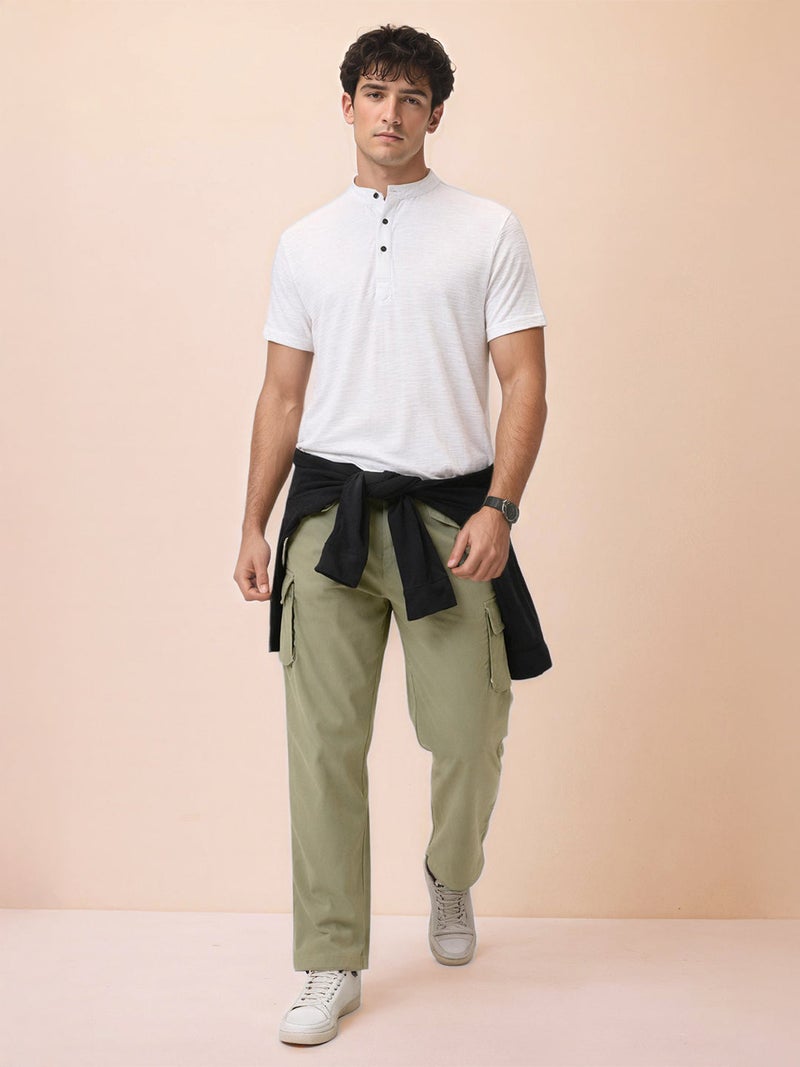 STATUS QUO Solid Henley Neck Regular Fit White T-shirt - Image 5