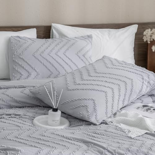 Andency King Comforter Silver Grey, Boho Grey Soft Warm Bedding Comforter Sets for King Size Bed Set, 3 Pieces Gray Cute Chevron Tufted Aesthetic Microfiber Lightweight Comforter Set - Image 4