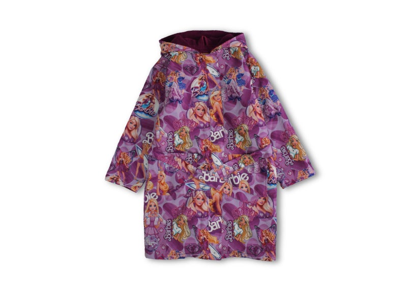 Girls Waterproof Hooded Swim Robe – Purple with Barbie Print - Image 1