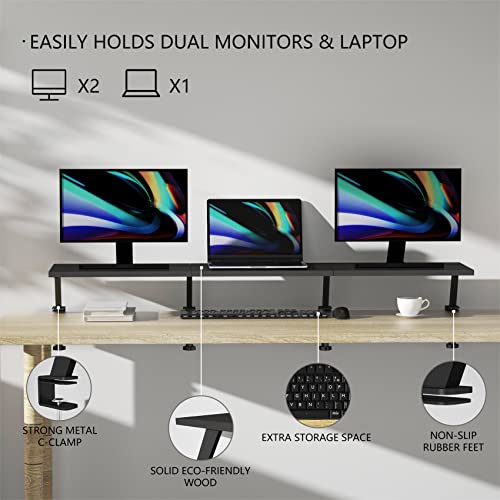 Gaxomo Extra-Large 45-Inch Wood Clamp On Desk Monitor Shelf with Spacious Storage Space - Fits 60-inch or Dual 32-inch Screens, C-Clamp Design with Rubber Pad, Max Load 44lbs - Image 2