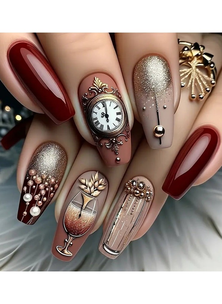 Rozino - 24pcs set of ballet-style false nails with French clock print, classic solid color, fashionable and versatile, suitable for all women and girls. The box comes with nail files and jelly glue - Image 1