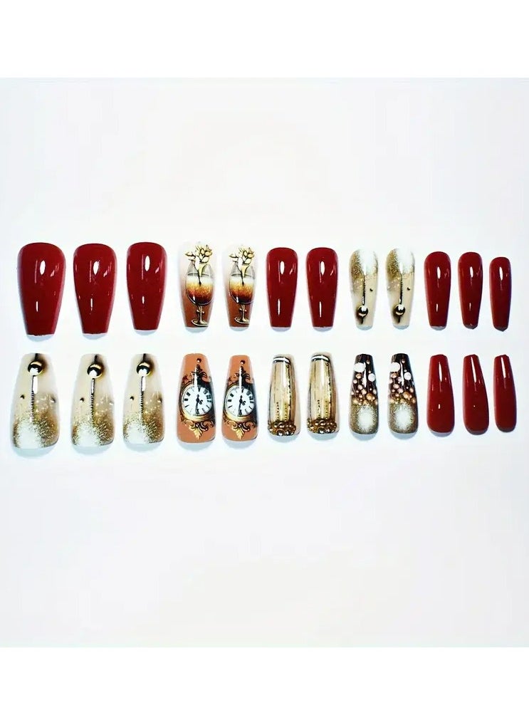 Rozino - 24pcs set of ballet-style false nails with French clock print, classic solid color, fashionable and versatile, suitable for all women and girls. The box comes with nail files and jelly glue - Image 1