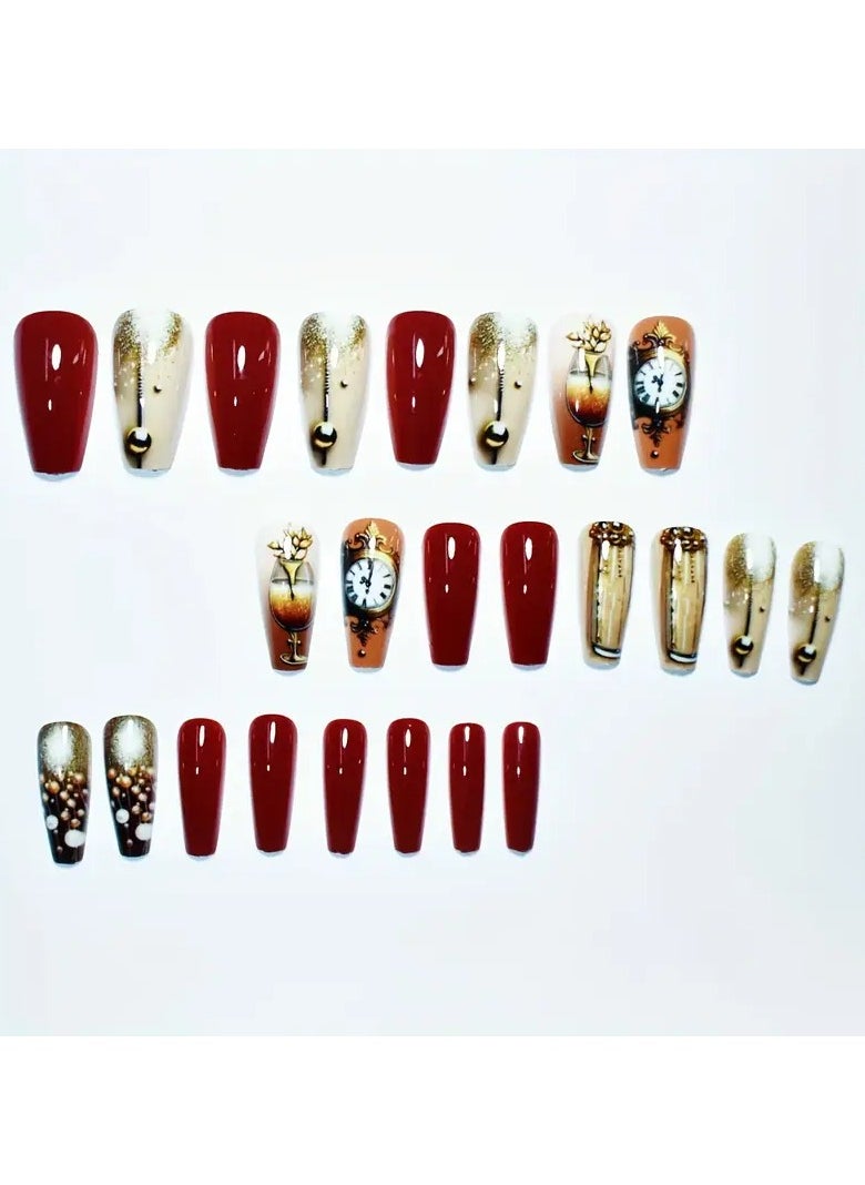 Rozino - 24pcs set of ballet-style false nails with French clock print, classic solid color, fashionable and versatile, suitable for all women and girls. The box comes with nail files and jelly glue - Image 1