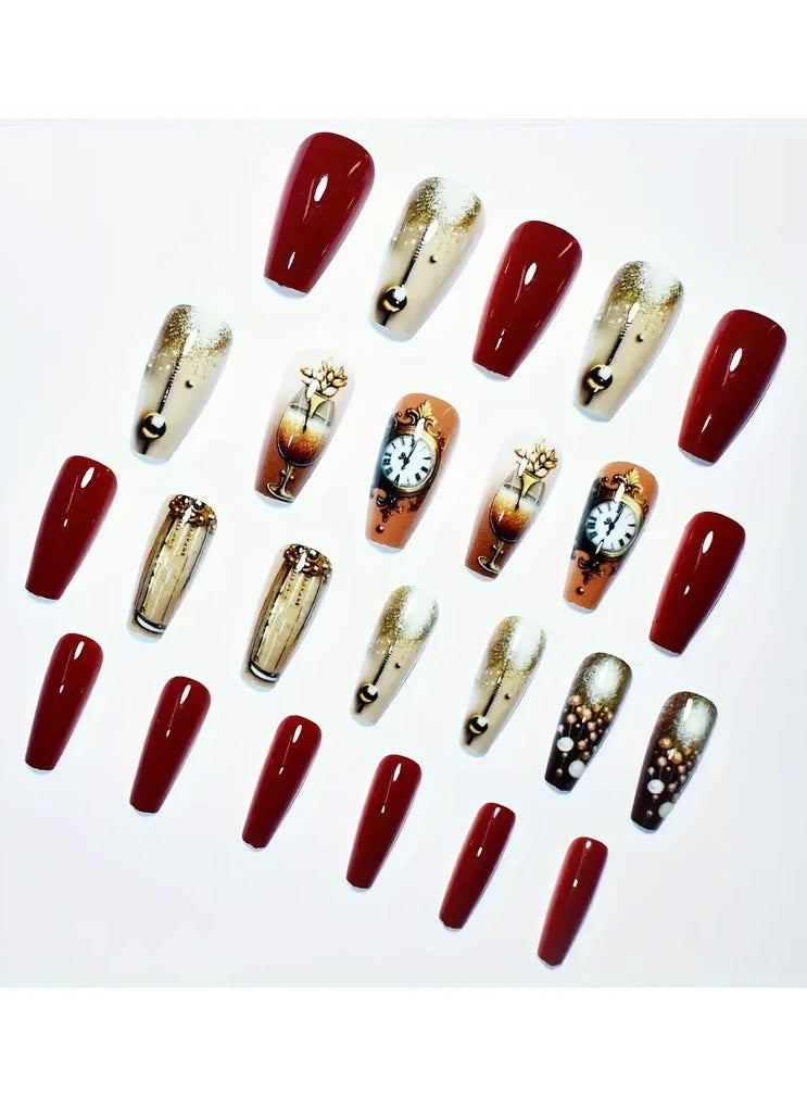 Rozino - 24pcs set of ballet-style false nails with French clock print, classic solid color, fashionable and versatile, suitable for all women and girls. The box comes with nail files and jelly glue - Image 1