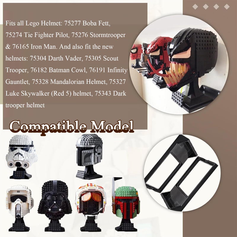 WFCYX 4 Pcs Black Wall Mount Display Stand Fits Lego Helmet, Wall Mount Display Shelf, Compatible with All Standard Lego Helmets, Boba Fett 75277/Tie Fighter Pilot 75274/Stormtrooper 75276 - Image 3