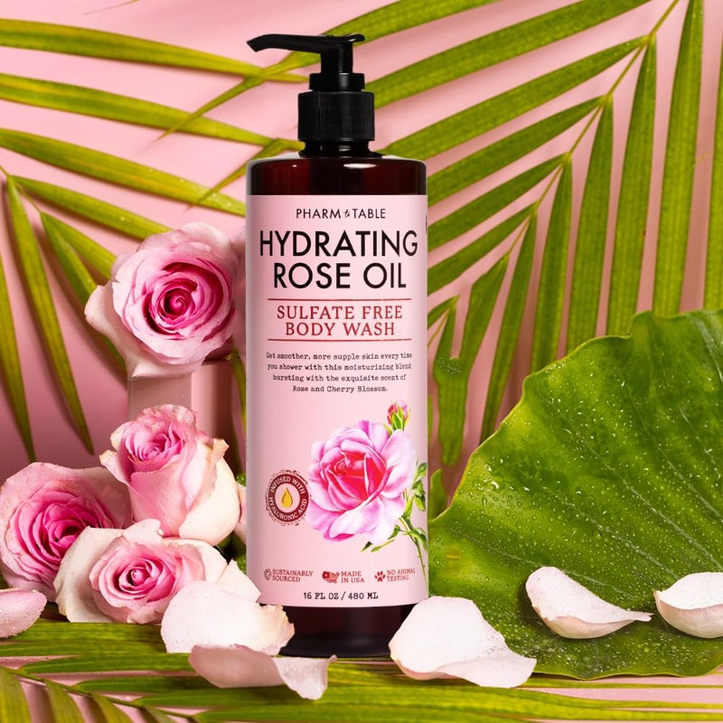 PHARM TO TABLE Hydrating Rose Oil Body Wash for Women and Men - Hydrates and Brightens the Skin, Sulfate Free, 100% Cruelty Free, 480ml - Image 4