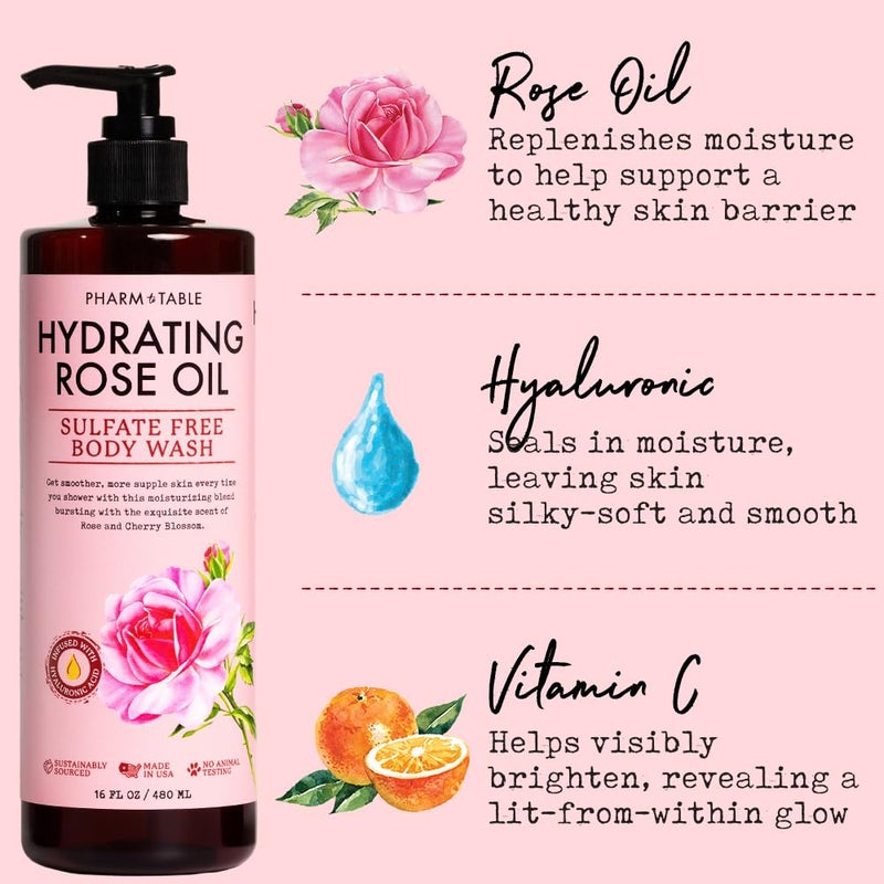 PHARM TO TABLE Hydrating Rose Oil Body Wash for Women and Men - Hydrates and Brightens the Skin, Sulfate Free, 100% Cruelty Free, 480ml - Image 3