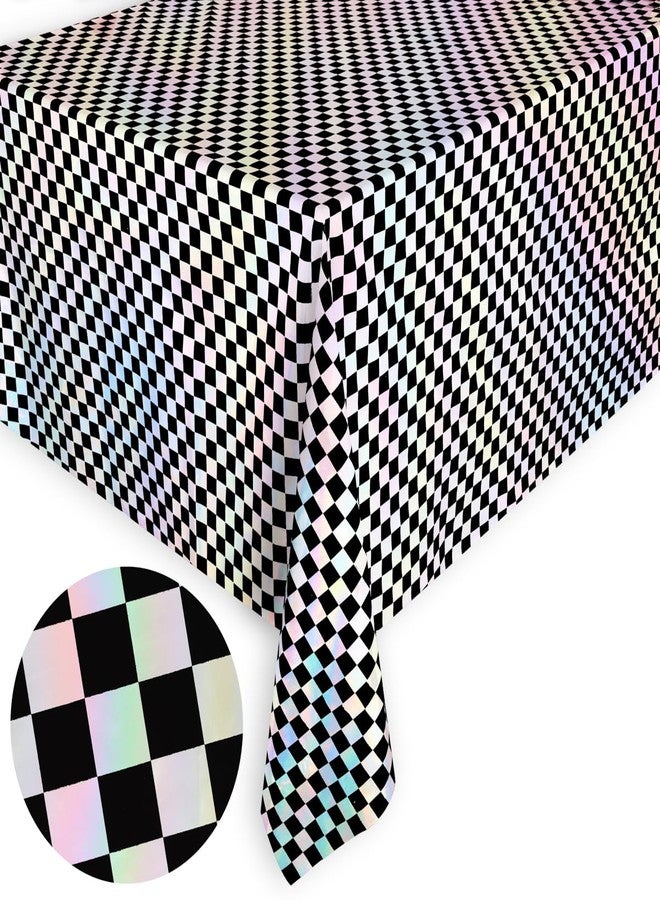 xo, Fetti Black and Iridescent Checkered Washable Tablecloth - 9 ft. | Birthday Party Decorations, Disco Bachelorette Party Supplies, Retro Tableware, Cute Table Cover - Image 1