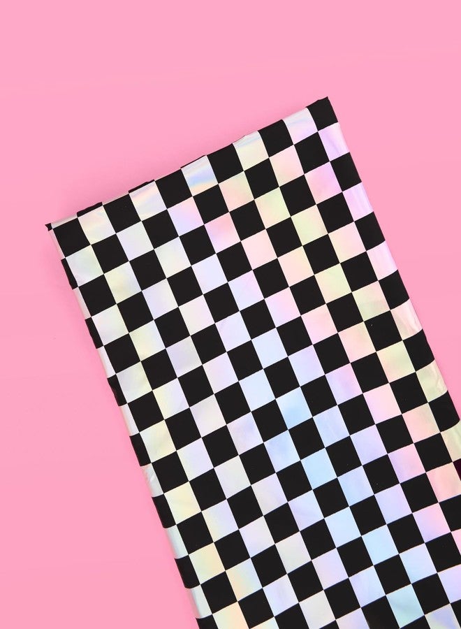 xo, Fetti Black and Iridescent Checkered Washable Tablecloth - 9 ft. | Birthday Party Decorations, Disco Bachelorette Party Supplies, Retro Tableware, Cute Table Cover - Image 3