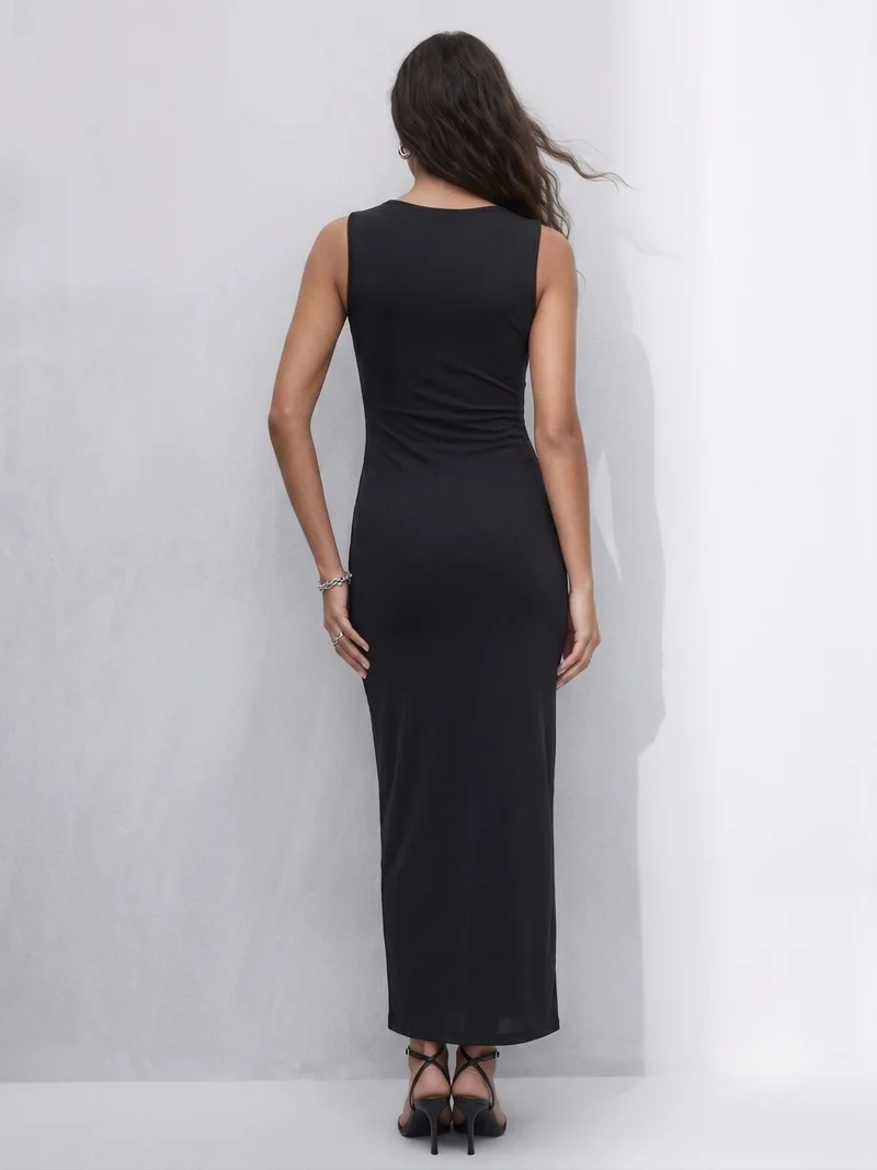 Outzidr black Black Square Neck Maxi Dress With Waist Gathering for Women | Best Price UAE