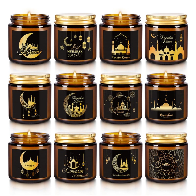 Aamdkcyu 12 Pcs Ramadan Mubarak Scented Candle Set - Eid Candles for Home Decor, Aromatherapy Islamic Gifts for Women & Family, Mosque-Inspired Jar with Islamic Lanterns & Stars, Brown Soy Wax - Image 1