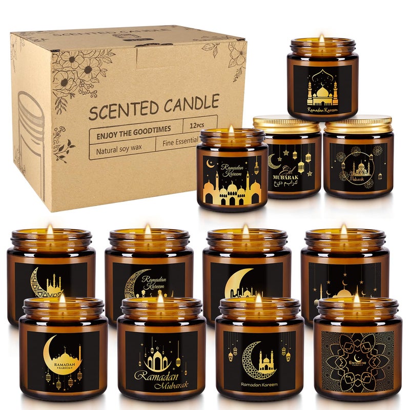 Aamdkcyu 12 Pcs Ramadan Mubarak Scented Candle Set - Eid Candles for Home Decor, Aromatherapy Islamic Gifts for Women & Family, Mosque-Inspired Jar with Islamic Lanterns & Stars, Brown Soy Wax - Image 2