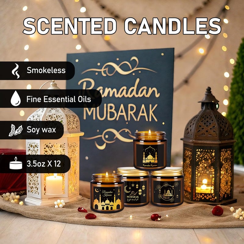 Aamdkcyu 12 Pcs Ramadan Mubarak Scented Candle Set - Eid Candles for Home Decor, Aromatherapy Islamic Gifts for Women & Family, Mosque-Inspired Jar with Islamic Lanterns & Stars, Brown Soy Wax - Image 4