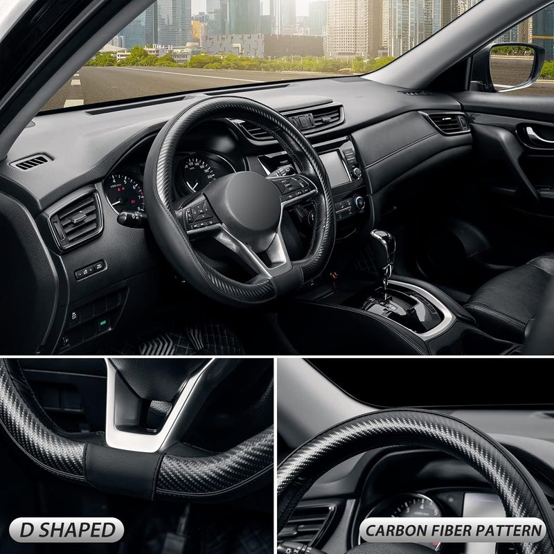 SEG Direct Flat Bottom Steering Wheel Cover Carbon Fiber, D Shaped Car Wheel Cover 37-39cm, Black Microfiber Leather with Carbon Fiber Pattern - Image 3