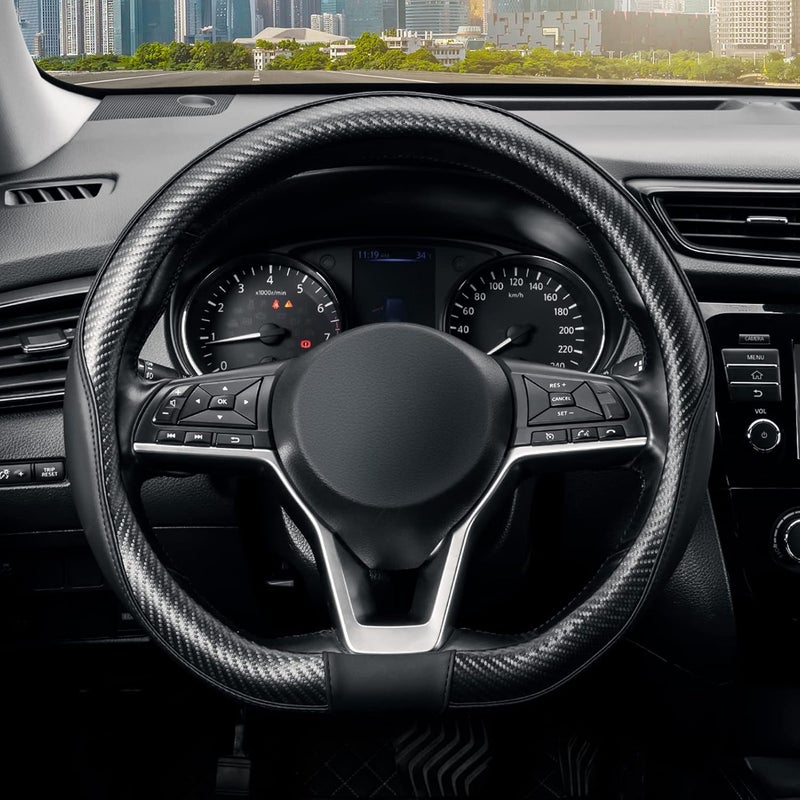 SEG Direct Flat Bottom Steering Wheel Cover Carbon Fiber, D Shaped Car Wheel Cover 37-39cm, Black Microfiber Leather with Carbon Fiber Pattern - Image 1