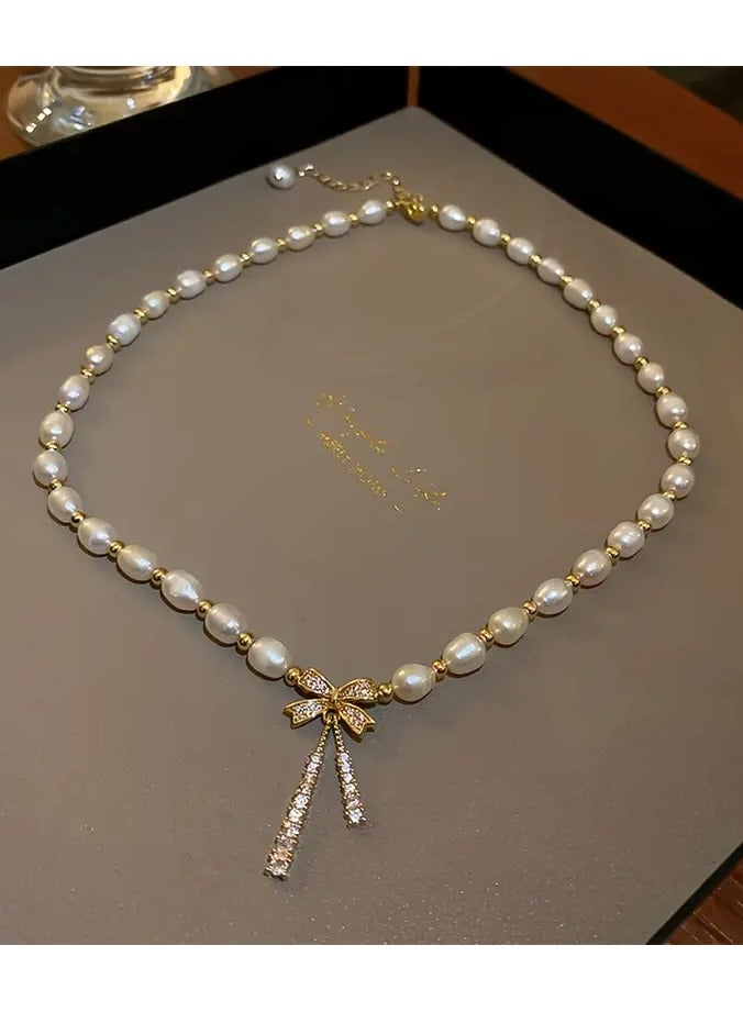 Home Clearance Sale Dainty Rhinestone Faux Pearl Bowknot Design Necklace Jewelry Gift For Women Ornament - Image 1