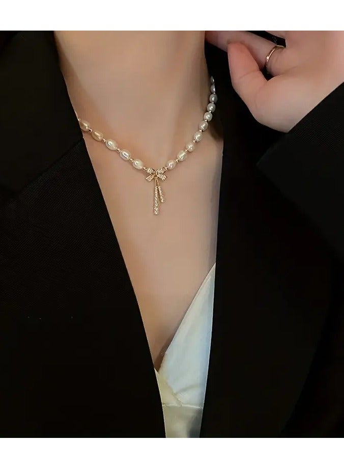 Home Clearance Sale Dainty Rhinestone Faux Pearl Bowknot Design Necklace Jewelry Gift For Women Ornament - Image 3