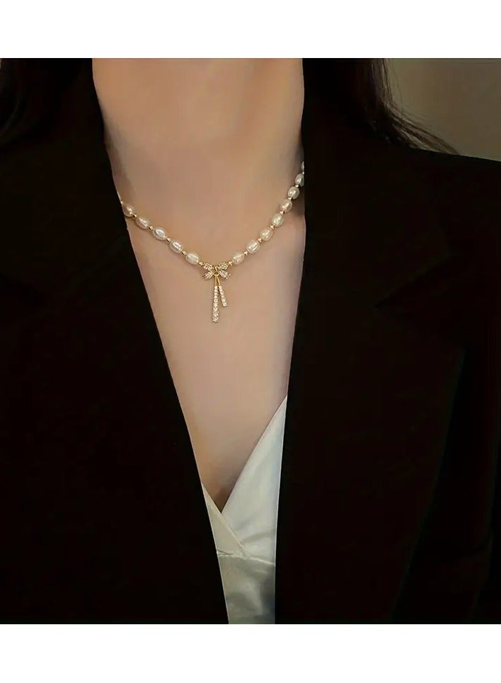 Home Clearance Sale Dainty Rhinestone Faux Pearl Bowknot Design Necklace Jewelry Gift For Women Ornament - Image 4