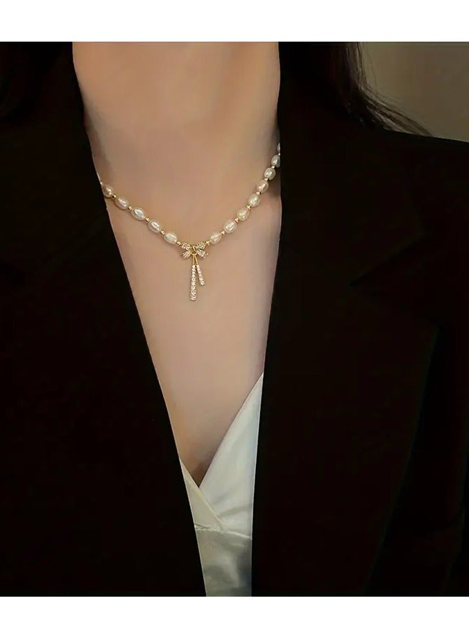 Home Clearance Sale Dainty Rhinestone Faux Pearl Bowknot Design Necklace Jewelry Gift For Women Ornament - Image 5