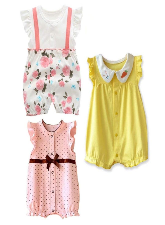 OLLULL Baby Girls' One-Piece Rompers, Infant Cotton Summer Clothes 6-9 Months, Pack of 3 - Image 1