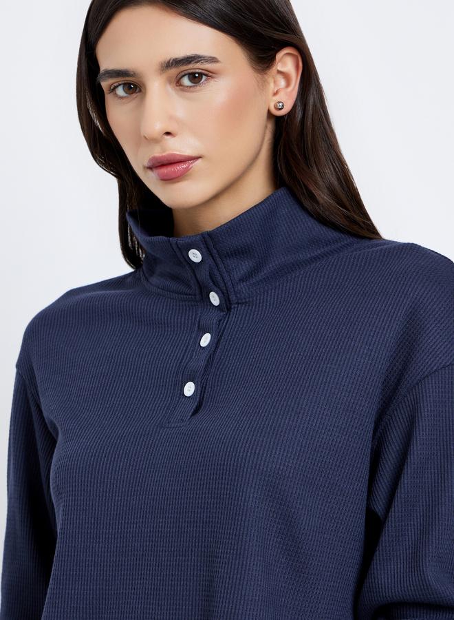 ستايلي طقم منسق من بنطال وبلوزة بياقة بولو محبوكة بنمط وافل - Image 4