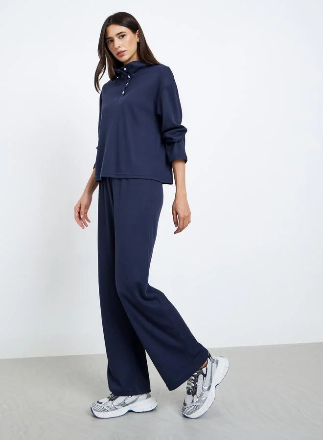 Styli Styli Dark Blue Waffle Knit Polo Collar Top and Pants Co-Ords