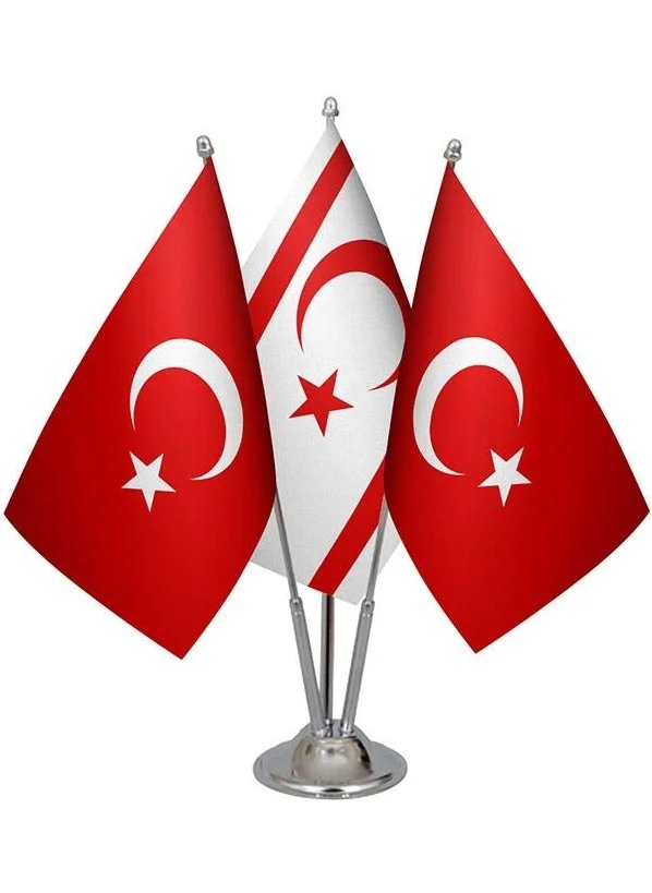 ساترنديزاين Desktop TRNC Flag Turkish Flag Triple Chrome Pole Table Flag Set