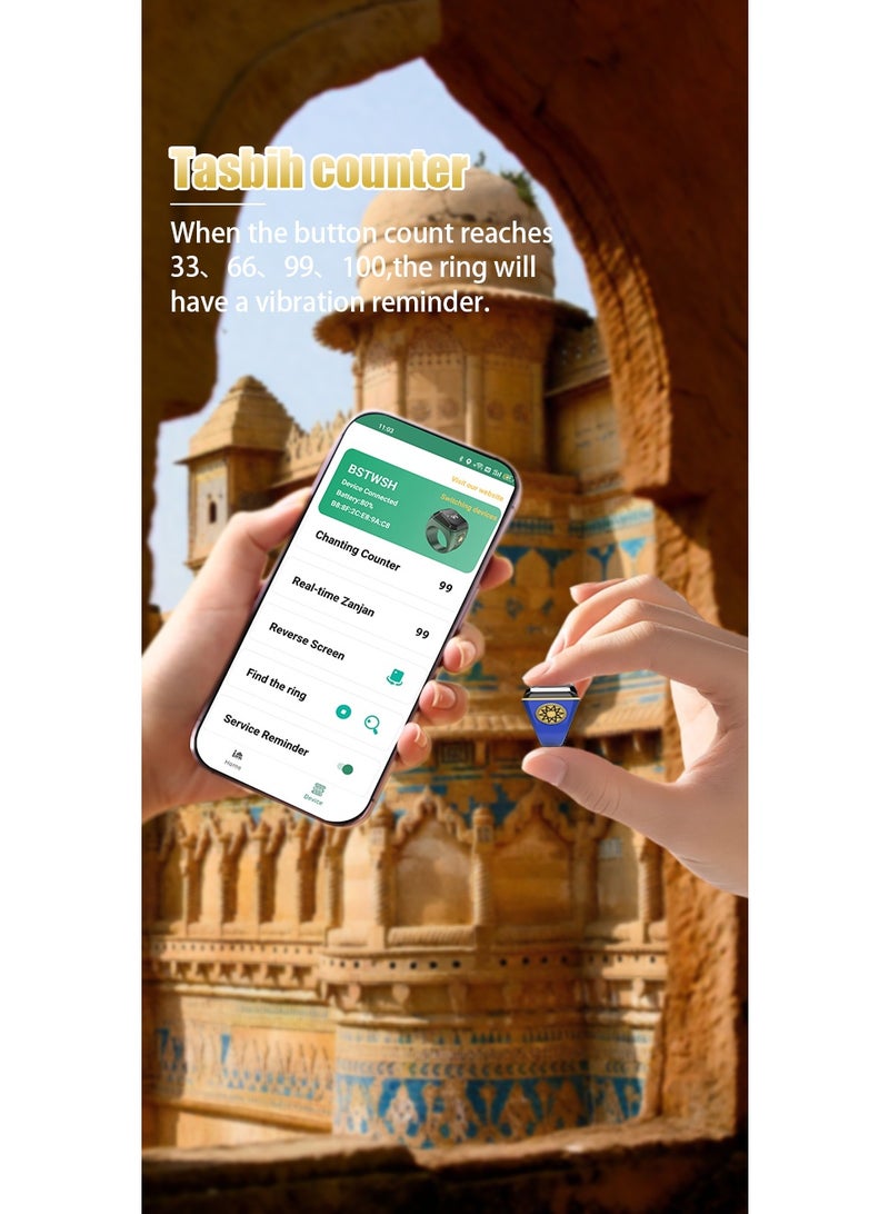 Smart Zikr Ring Prayer Counter, Tasbih Counter & Muslim Prayer Time Reminder, Smart Tasbih Bead Ring, Waterproof Wearable Technology, Blue and Gold 20MM - Image 5