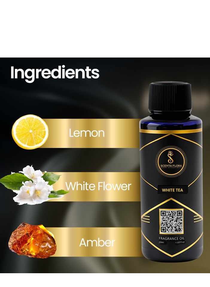سينتا فلورا زيت عطري برائحة الشاي الأبيض للناشرات ٥٠ مل | مزيج منعش من الحمضيات والزهور مع الليمون الأبيض والشاي والمسك | علاج عطري للاستخدام المنزلي والمكتبي والتجاري | رائحة مهدئة ومنعشة - Image 4