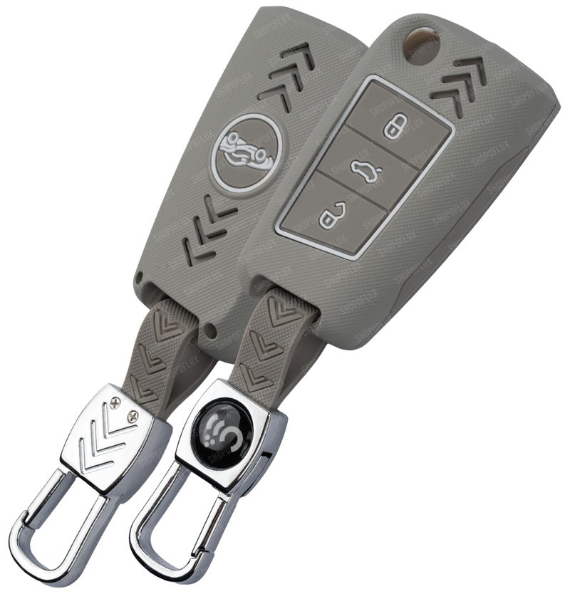 SHOPOFLUX Metal Key Cover Compatible for Skoda & Volkswagen Cars Kylaq | Slavia | Kushaq | Octavia | Virtus | Taigun | Tiguan | T Roc 3 Button Flip Key (ABS Light Grey) - Image 1