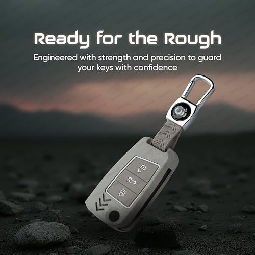 SHOPOFLUX Metal Key Cover Compatible for Skoda & Volkswagen Cars Kylaq | Slavia | Kushaq | Octavia | Virtus | Taigun | Tiguan | T Roc 3 Button Flip Key (ABS Light Grey) - Image 4