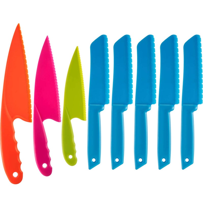 Jovitec 8 Pcs Kid Cooking Kitchen Knife Set Plastic Serrated Edges Childrens Safe Chef Nylon Knives for Cutting Fruit Bread Cake Salad Lettuce Kids Cooking SupplyBlue Square Knife