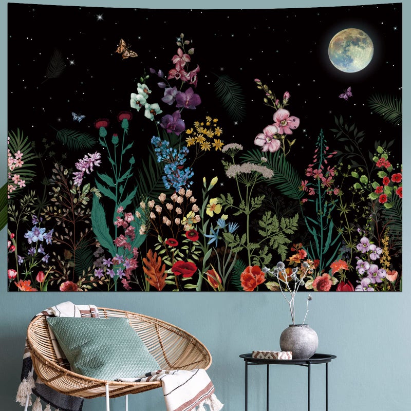 Generleo Floral Plants Tapestry Galaxy Moon Tapestries Vintage Boho Flower Butterfly Tapestries Black Starry Sky Nature Landscape Tapestry Wall Hanging for Bedroom - Image 2